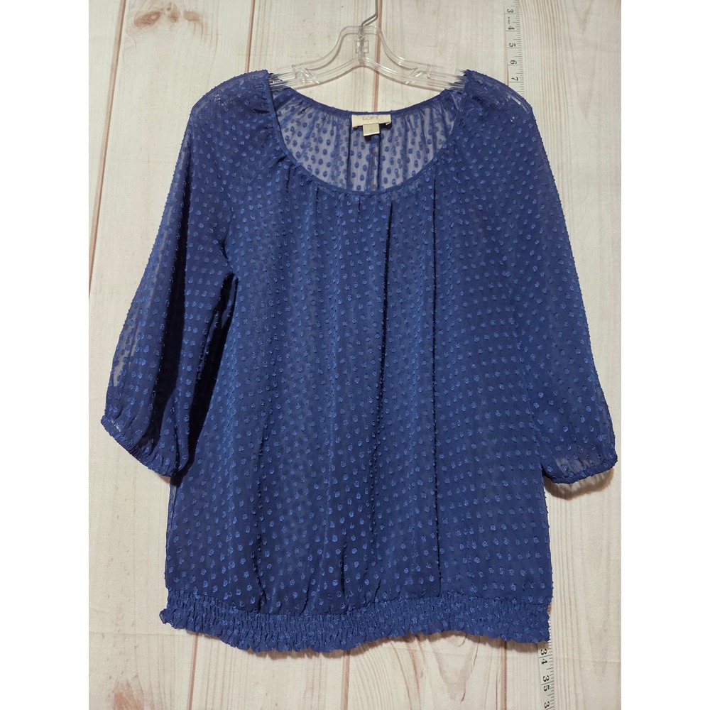 Ladies Medium Chiffon Shirt, 3/4 Sleeves, Smocked Waist, Sheer Navy Dot Pattern